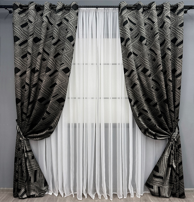 Комплект штор на люверсах VR-Textil Жаккард Mystery № 1629ш Серый с черным 150х280 см 2 шт (37-180) Киев - изображение 2