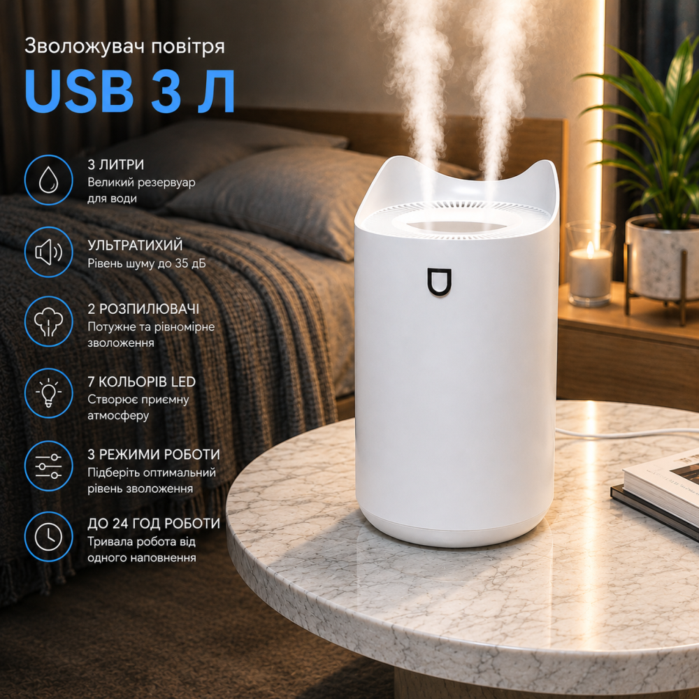 Увлажнитель воздуха USB 3 л, ультратихий до 35 дБ, 2 распылителя, 7 цветов LED, 3 режима, до 24 часов работы Киев - изображение 1