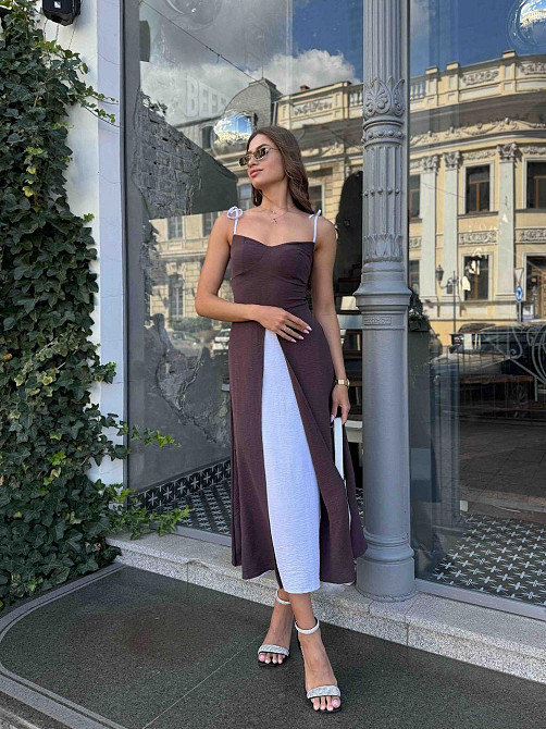 Женское романтическое легкое платье на бретелях американский креп жатка Шоколадный, 46 Одесса - изображение 4