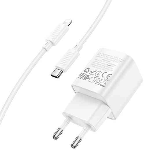 Мережевий зарядний пристрій з кабелем HOCO C146A Charm single port PD20W charger set (C to iP) (EU) White Одеса
