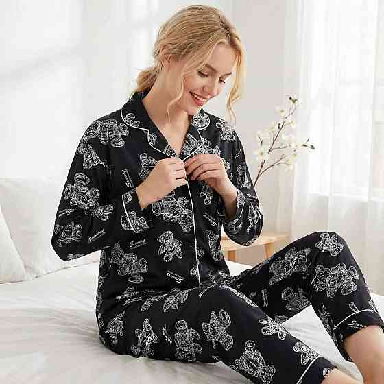 Жіноча мила піжама Подвійна з ведмедиками трикотаж бамбук Чорний, 48 Одеса