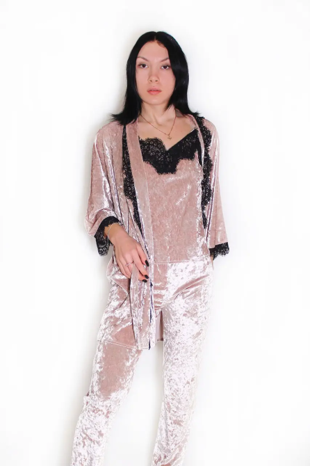 Женский домашний костюм майка+ штаны с халатиком из мраморного велюра Бежевый Харьков - изображение 1