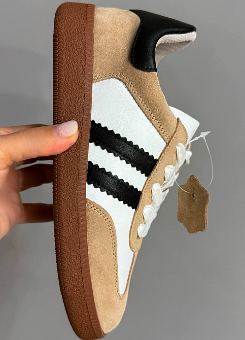 Кросівки жіночі Hengji 375-3 samba шкіряні на коричневій підошві білі з бежевим, 39, 24,5 см Київ - фото 14