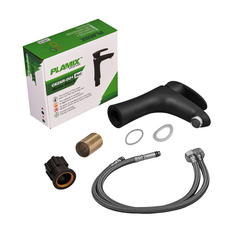 Смеситель для умывальника Plamix Cezar-001 SET матовый черный с подводкой Харьков - изображение 5