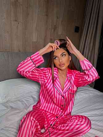 Женская шелковая пижама двойка в полоску Малиновый, 52/54 Одесса