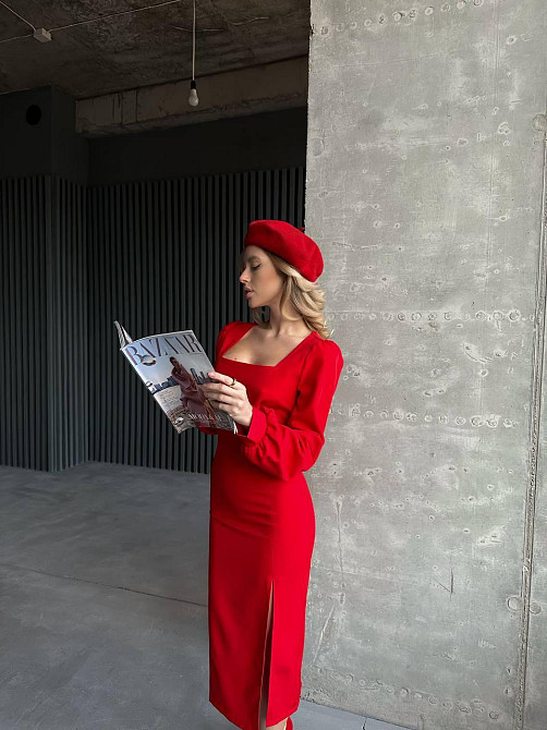Женское вечернее элегантное миди платье с разрезом костюмка класса люкс Красный, 40/42 Одесса - изображение 4