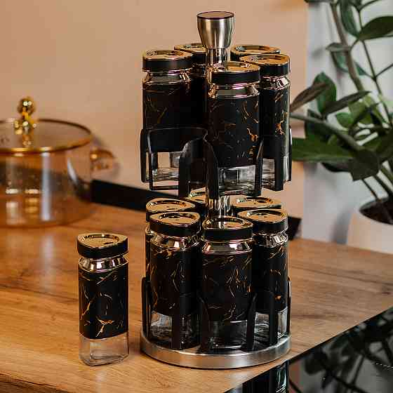 Набір для спецій на підставці 12 баночок по 120 мл, чорний мармур HP1356 Коломия