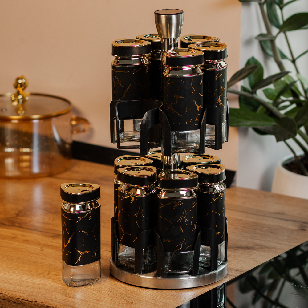 Набір для спецій на підставці 12 баночок по 120 мл, чорний мармур HP1356 Коломия - фото 6