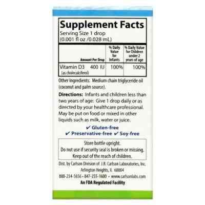 Витамин Carlson Витамин D3 для Малышей в Каплях, 400 МЕ, Baby's Super Daily (CAR-01250) Винница