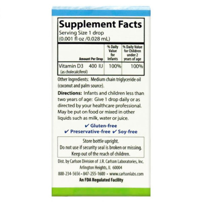 Вітамін Carlson Вітамін D3 для Малюків у Краплях, 400 МО, Baby&apos;s Super Daily (CAR-01250) Вінниця - фото 2