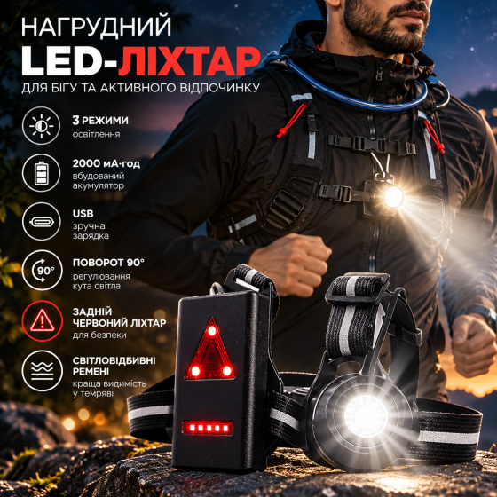 Нагрудний LED-ліхтар для бігу 2000 мА·год, USB, 3 режими, поворот 90°, задній червоний ліхтар, світловідбивні ремені Київ