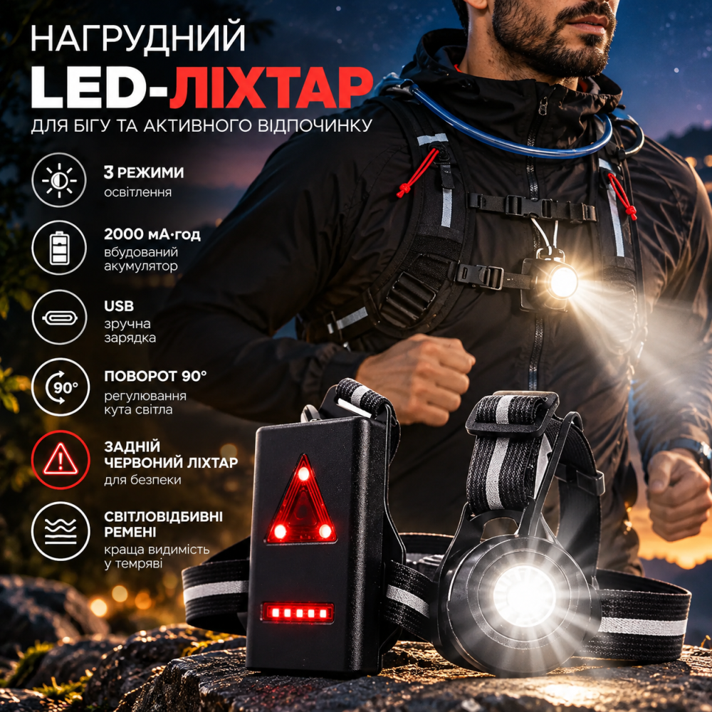 Нагрудний LED-ліхтар для бігу 2000 мА·год, USB, 3 режими, поворот 90°, задній червоний ліхтар, світловідбивні ремені Київ - фото 1