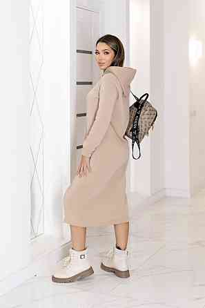 Тепла трикотажна сукня міді з капюшоном "Era" | Норма і батал Бежевий, 54-56 Київ