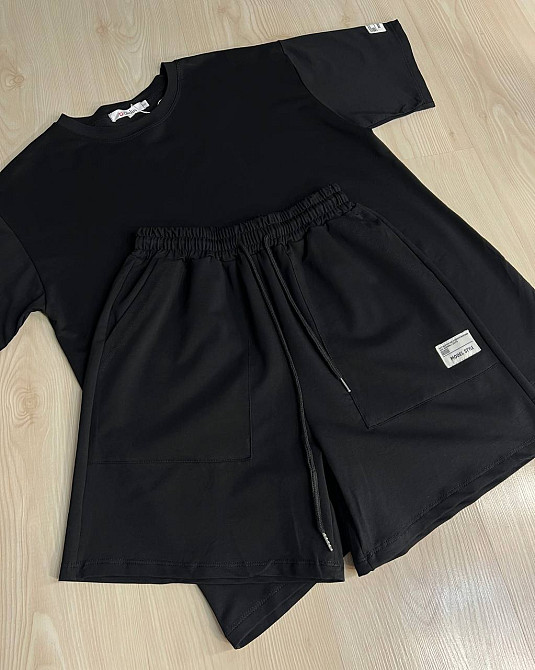 Костюм женский Aidin 201 футболка и шорты с нашивкой оверсайз черный, черный, L Киев - изображение 12