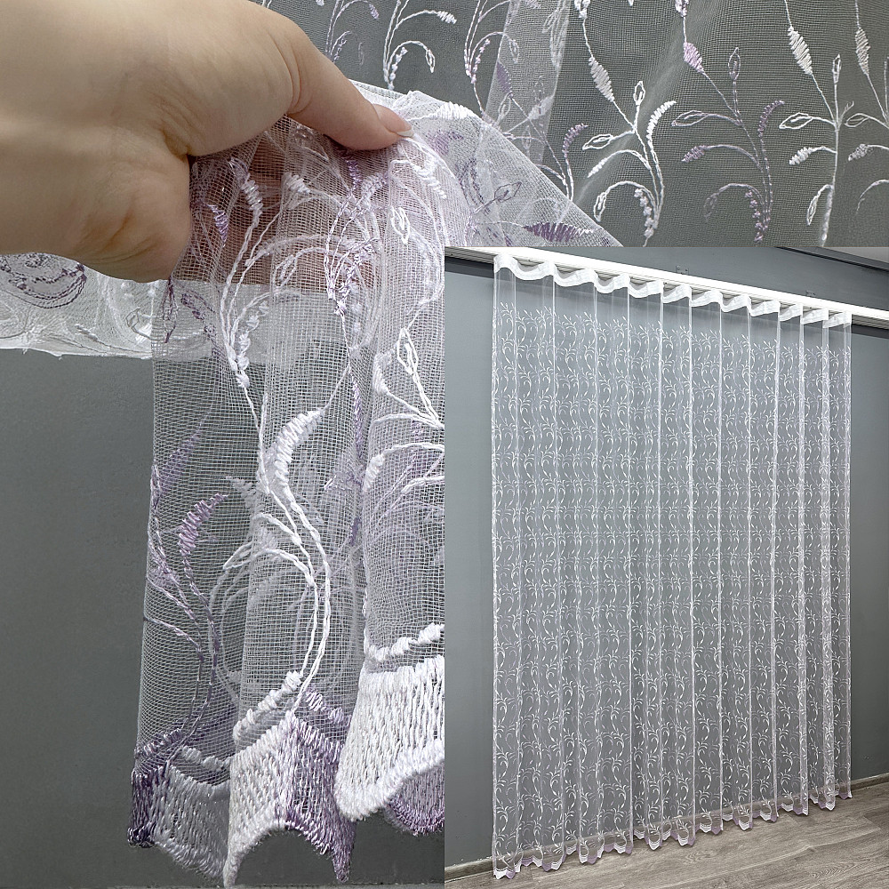 Тюль фатин с вышивкой и люрексом цвет белый с сиреневым 1653т Киев - изображение 1