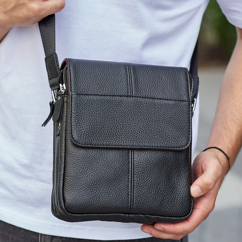 Чоловіча сумка шкіряна планшет 21х24х6, барсетка на одне плече Tiding Bag M1254A чорна Київ - фото 1