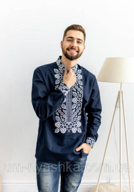 Мужская льняная вышиванка синяя Всеволод Кривой Рог - изображение 3