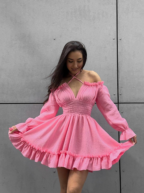 Женское летнее романтичное мини платье натуральный муслин Персик, 42/44 Одесса - изображение 3