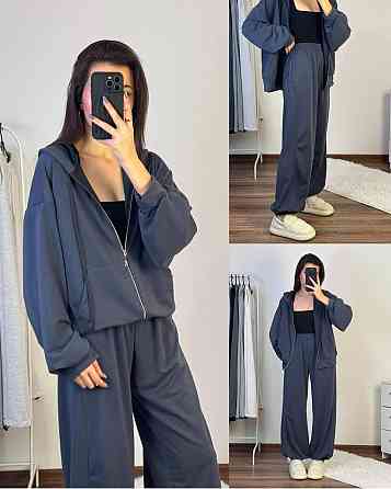 Жіночий прогулянковий оверсайз костюм-двійка: кофта та штани двонитка Графіт Одеса