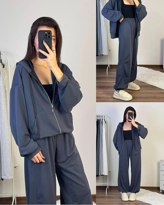 Женский прогулочный оверсайз костюм двойка: кофта и штаны двунить Графит Одесса - изображение 1