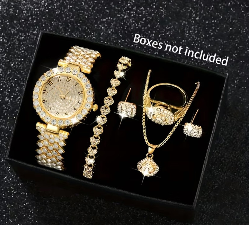 Подарочный набор для женщин Арабские цифры Сердценаручные часы браслет кольцо цепочка с кулоном и серьги золотистый Киев - изображение 1