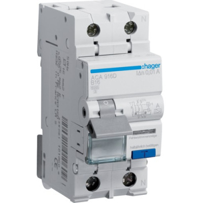 Дифференциальный автоматический выключатель Hager 1-п.+N 16A B 10mA (6kA) A (B) (ACA916D) Винница - изображение 1