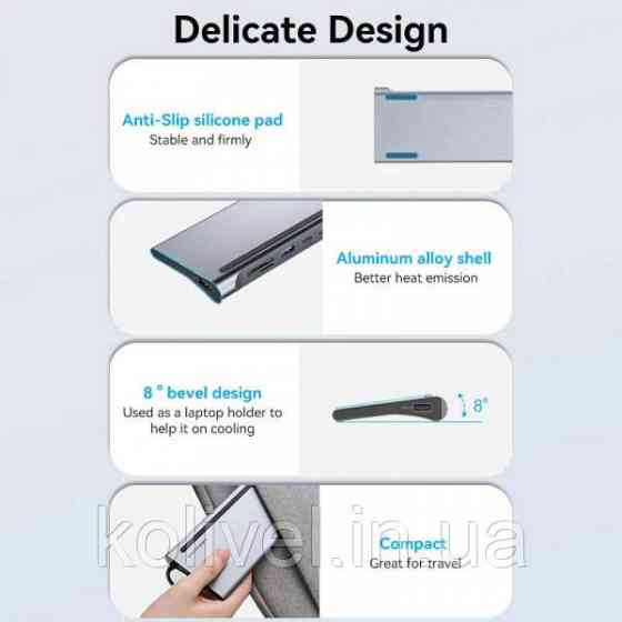 Док-станція USB3.1 Type-C --> HDMI/VGA/USB-C/USB3.0x3/RJ45/SD/TF/TRRS 3.5mm/PD 100W Vention 11in1 (THTHC) Київ