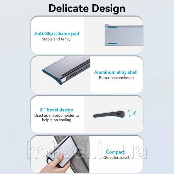 Док-станція USB3.1 Type-C --> HDMI/VGA/USB-C/USB3.0x3/RJ45/SD/TF/TRRS 3.5mm/PD 100W Vention 11in1 (THTHC) Київ - фото 6