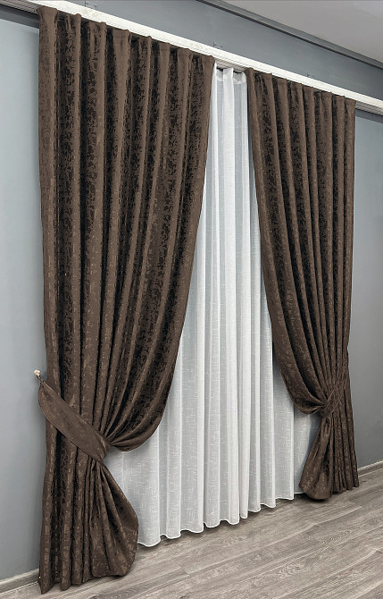 Комплект готових штор VR-Textil Льон мармур Pavliani ХО № 1910ш Венге 150х270 см 2 шт (33-1315) Київ - фото 3