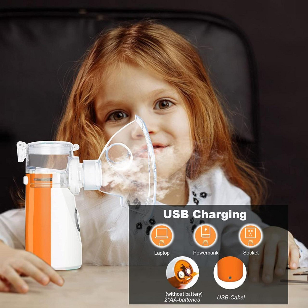 Небулайзер ультразвуковий портативний, аерозольний інгалятор для дітей та дорослих з масками та мундштуком для дому помаранчевий Київ - фото 6