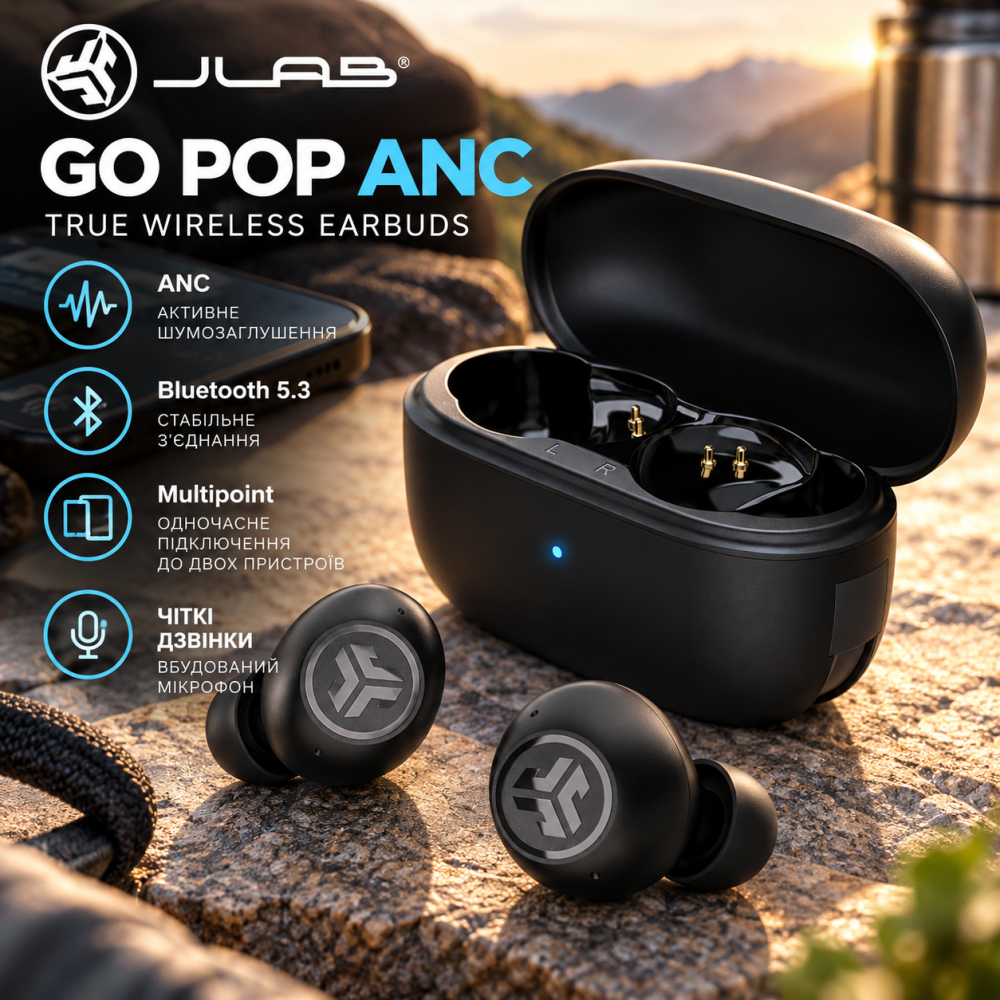 Бездротові навушники JLab Go Pop ANC TWS, Bluetooth 5.3, активне шумозаглушення ANC, Multipoint, мікрофон, чорні Київ - фото 1
