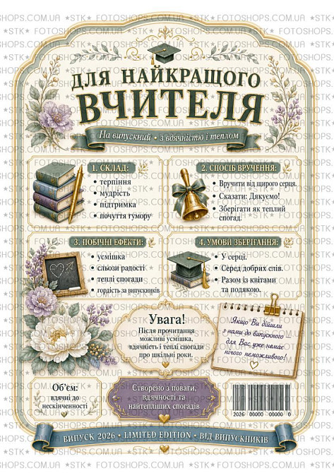 Етикетка на пляшку вина або ігристого для вчителя | Подарункова наліпка на пляшку | Етикетка та контретикетка для вчителя Одеса - фото 2