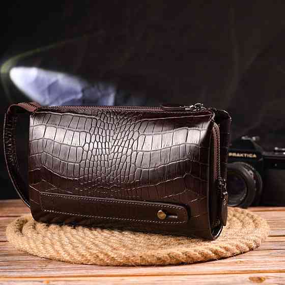 Удобный клатч для мужчин из натуральной фактурной кожи с тиснением под крокодила CANPELLINI 21561 Коричневый Киев