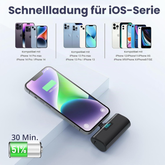 Мініпавербанк 5200 мАг для iPhone з Lightning, швидка зарядка PD 20 Вт, цифровий дисплей, Type-C, чорний Київ
