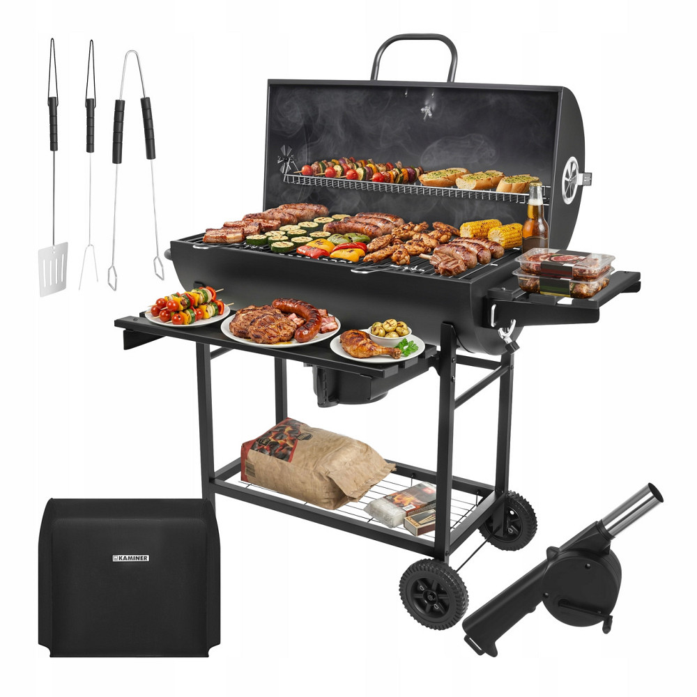 Садовий вугільний гриль із кришкою на коліщатках та аксесуарами Kaminer (27315) Нововолинськ - фото 1