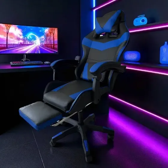 Геймерське ергономічне комп’ютерне крісло Vicotan VIP із підставкою для ніг, чорний із синім дизайном, з регулюванням нахилу спинк Львів