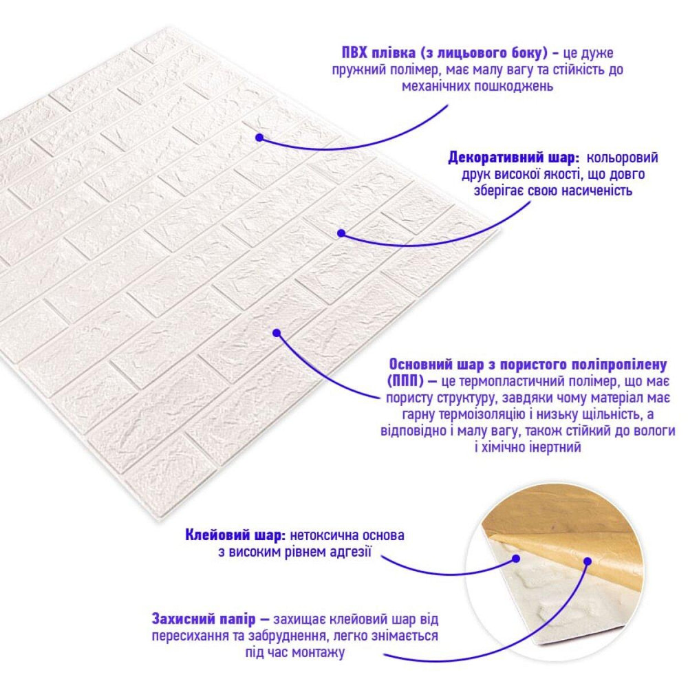 3D панель самоклеющаяся кирпич 700х770х5мм Белый Матовый (001-5M) SW-00000587 Киев - изображение 2