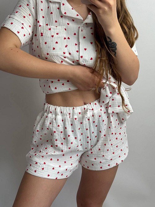 Пижама женская шорты и рубашка муслиновая Белый cердечки M Харьков - изображение 3