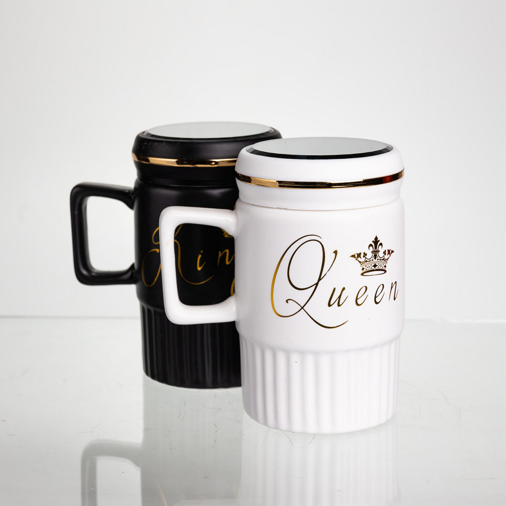 Yiwu Набір парних порцелянових чашок з кришкою 2 (шт) по 450 (мл) Чорний з білим Yiwu FM-26 Коломыя - изображение 4