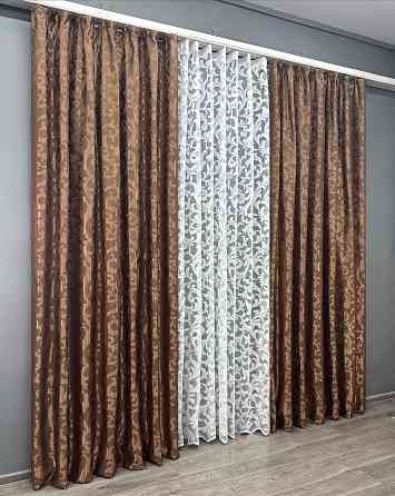 Комплект штор VR-Textil Жаккард Вензель 100х270 2шт и Тюль 300х270 478ш-1147т Коричневый с белым 71-103/1 Киев