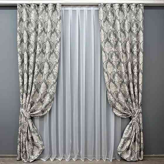 Комплект готовых штор VR-Textil Лен Корона Мария № 1266ш Графитовый с светло-бежевым 150х270 см 2 шт (33-0097) Киев