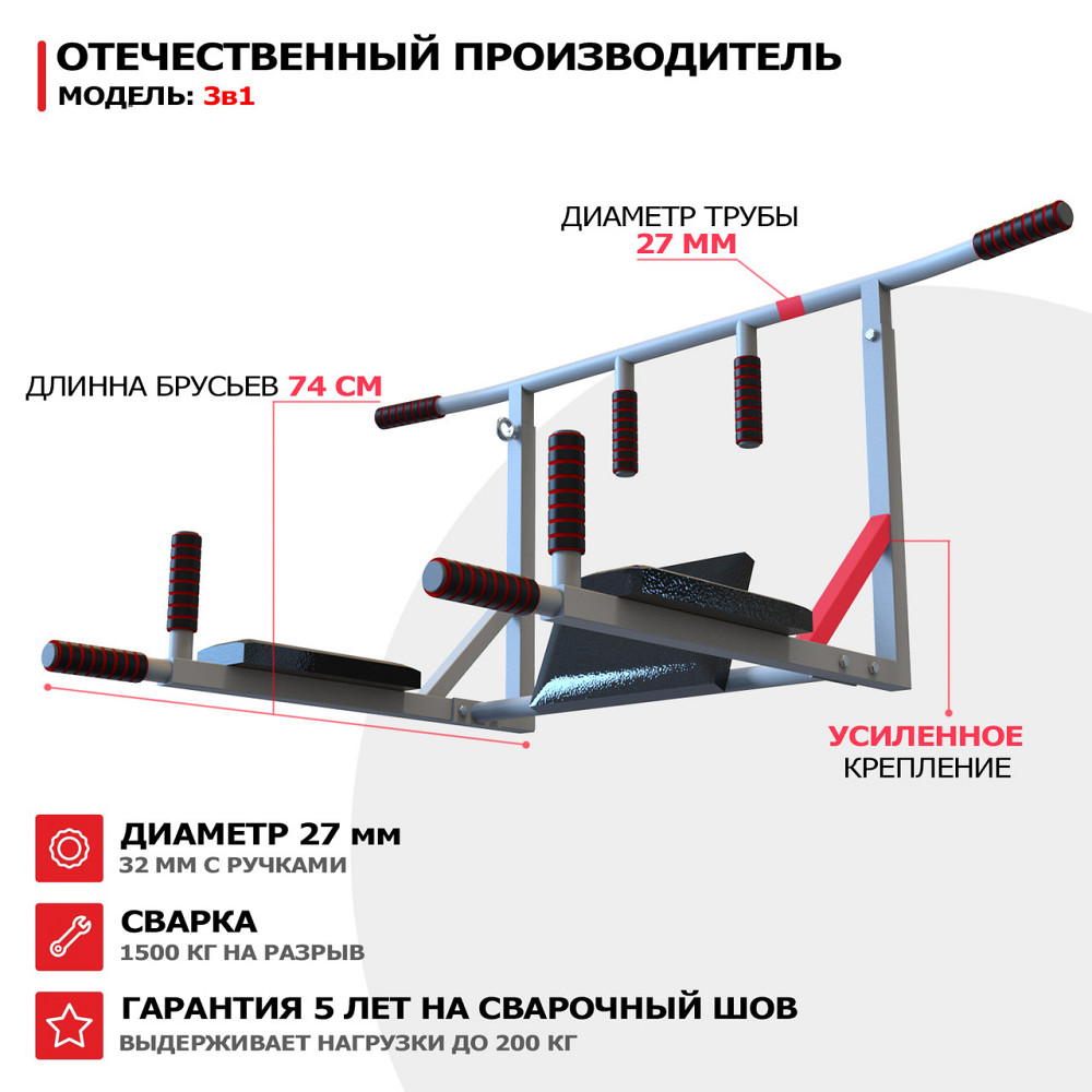 Турнік з адаптивною спинкою (до 250 кг*) "3 в 1 Pro" потужний домашній настінний бруси прес білий Харків - фото 4