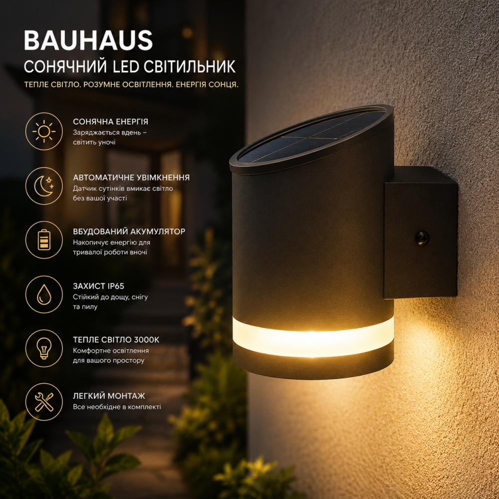 Сонячний LED настінний світильник BAUHAUS 3000K, вуличний ліхтар із датчиком сутінків, LED, акумулятор, тепле світло Київ - фото 11