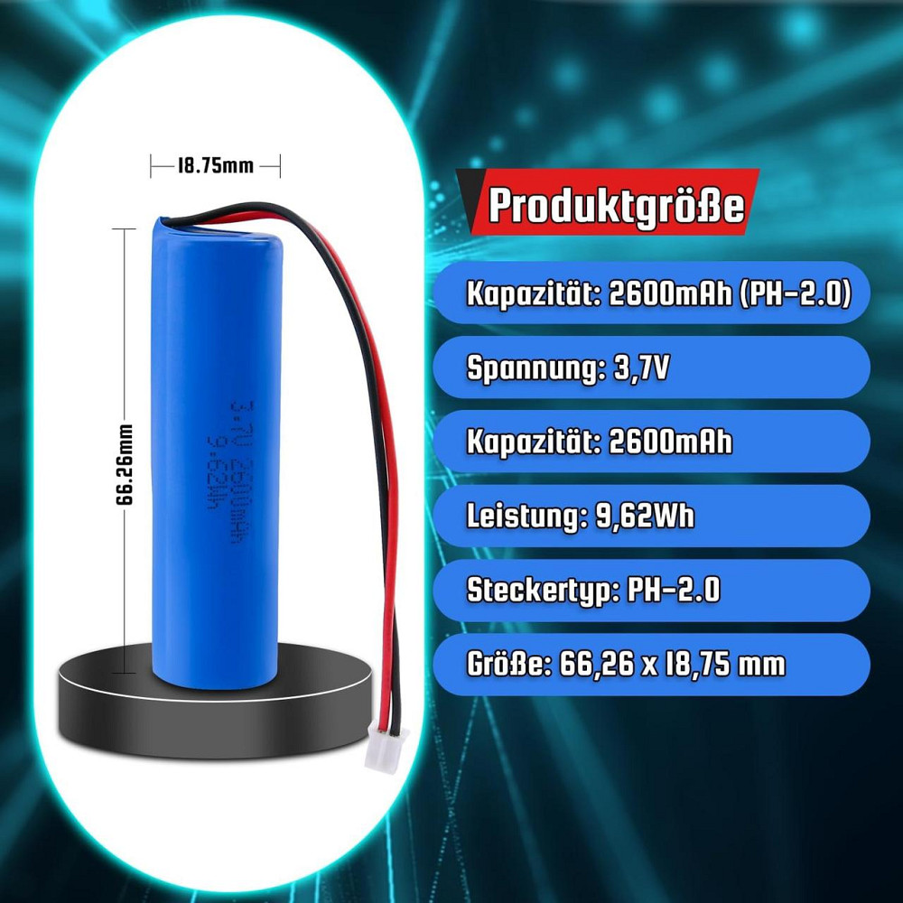 Акумулятор Li-ion 3.7V 2600mAh PH2.0/2P для ліхтарів, іграшок, Bluetooth, DIY електроніки Київ - фото 2