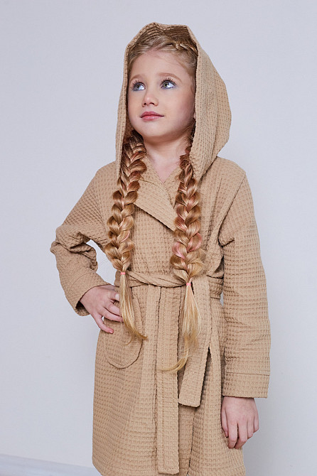 Халат детский вафельный Ideal Textile с капюшоном бежевый (56860655) Черновцы - изображение 2