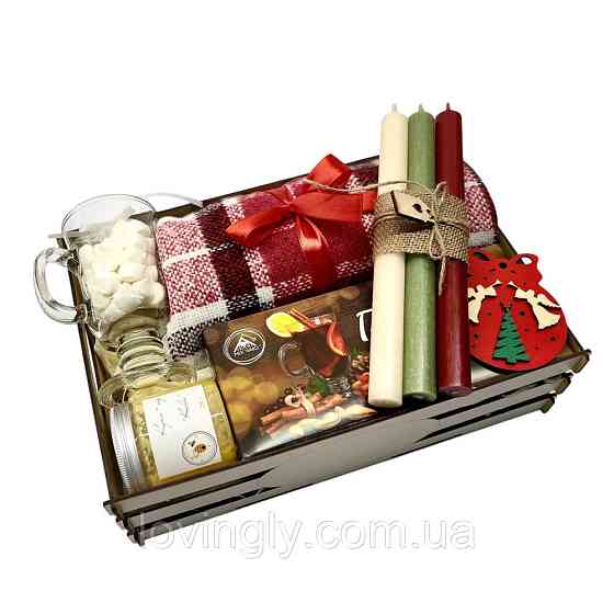 Новогодний подарочный набор - плед, чашка, глинтвейн, свечи и сладости. Ирпень