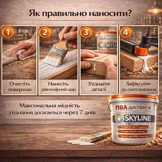 Клеєва дисперсія ПВА пластифікована SkyLine універсальна, готова до застосування для дерева та будівельних сумішей 10 кг Харків