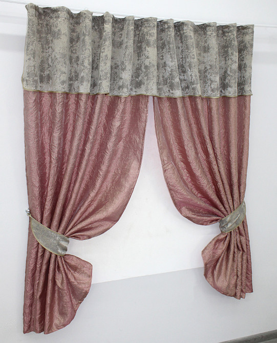Кухонные шторы VR-Textil № 073к с ламбрекеном и подхватами розово-золотистый с бежевым 275х170 см (52-0380) Киев - изображение 2