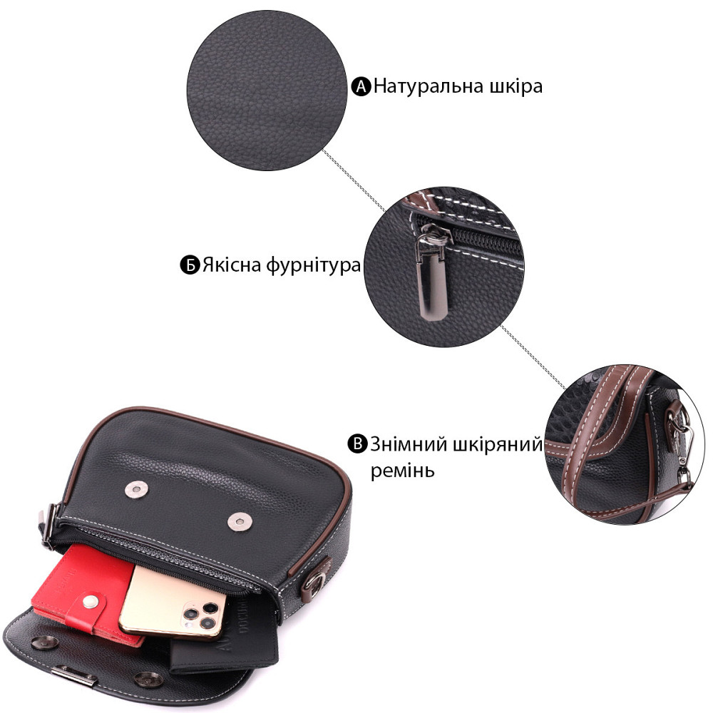 Стильна сумка для жінок з фактурним клапаном із натуральної шкіри Vintage 22374 Чорна Київ - фото 4