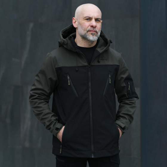 Чоловіча куртка soft shell Pobedov софтшелл Куртка демісезонна з капюшоном осінь весна чорна-хакі Одеса